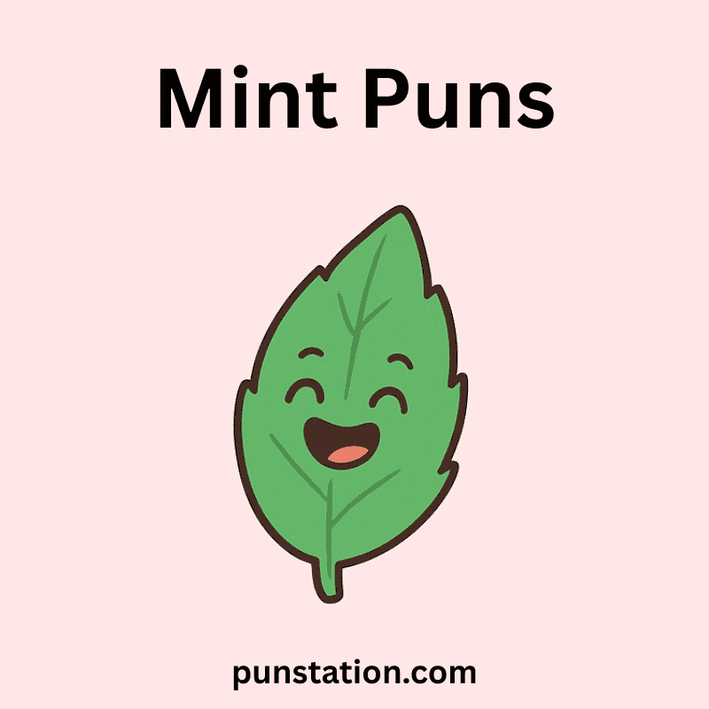 mint leaf cartoon laughing under text mint puns