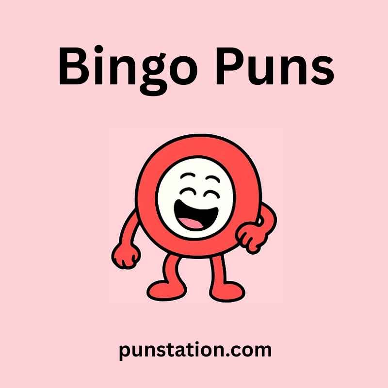 A cartoon of red bingo ball is laughing and standing under text bingo puns