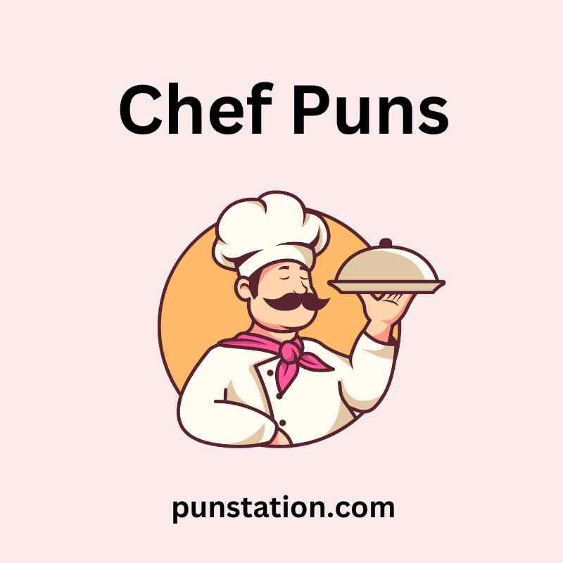 A chef cartoon in circle frame under text chef puns