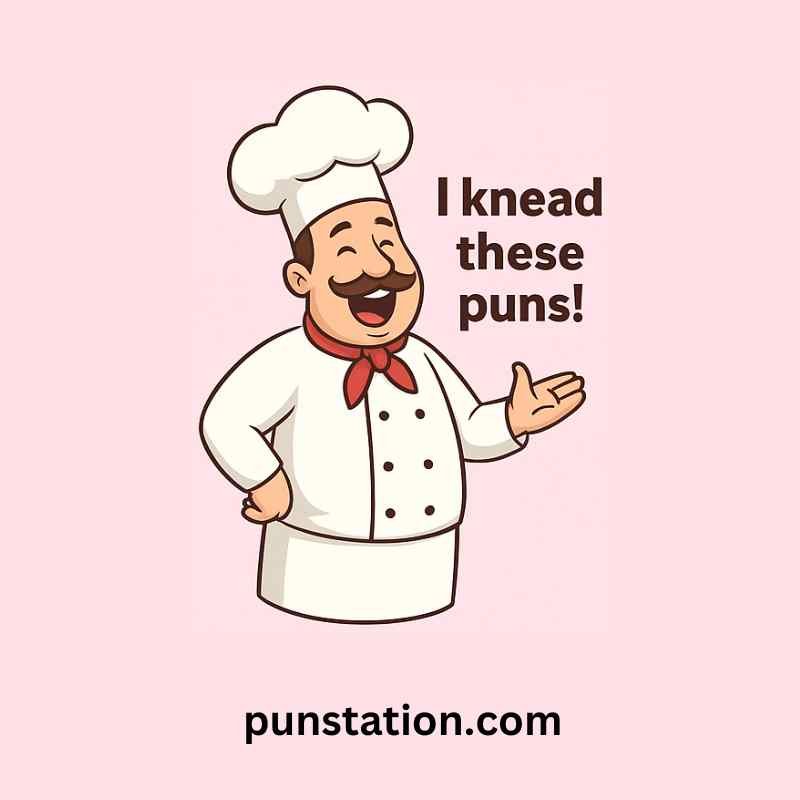 A cartoon of chef is laughing in light pink background with short pun