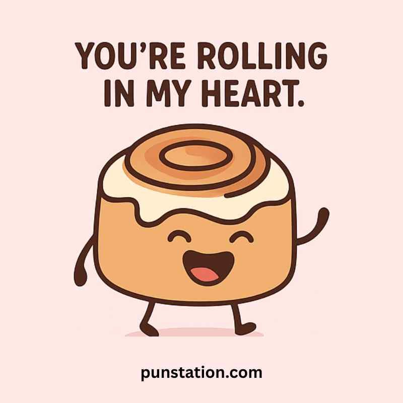 Cinnamon roll cartoon is walking and laughing with shout pun