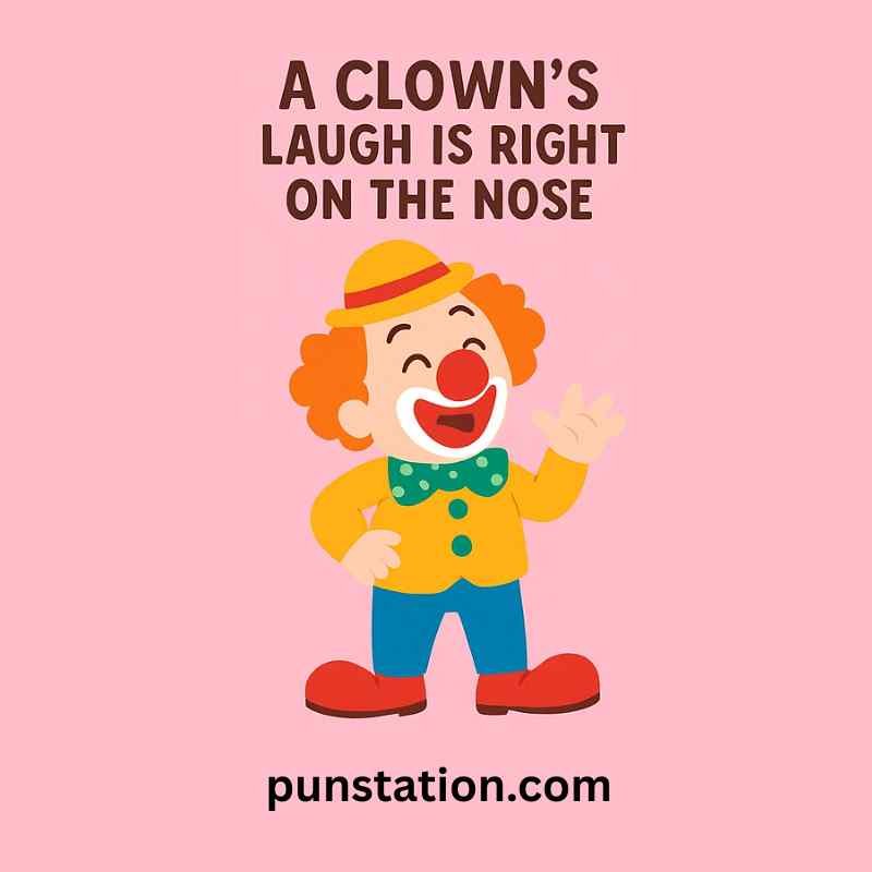 Funny Clown Cartoon Is Laughing In light pink background with short clown puntext