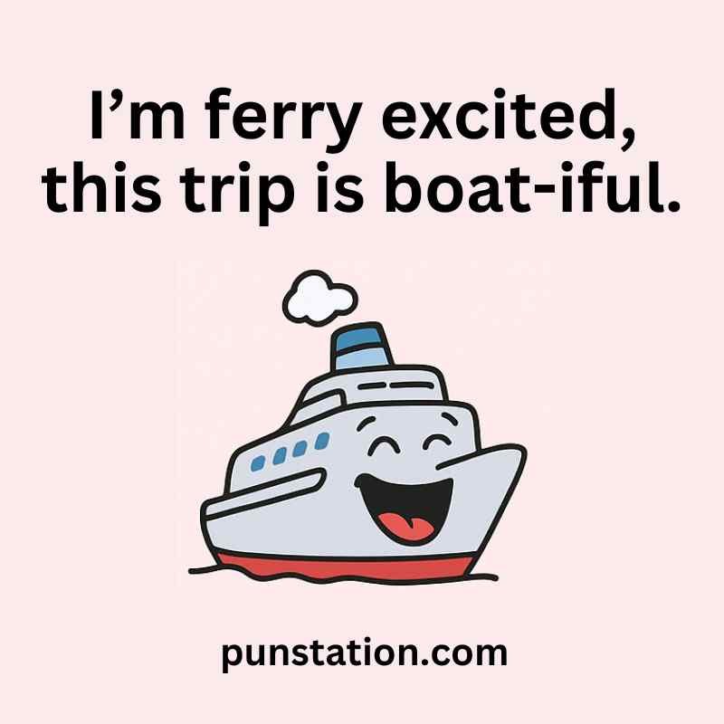 Cruise cartoon is laughing in light pink background under Short Cruise Puns