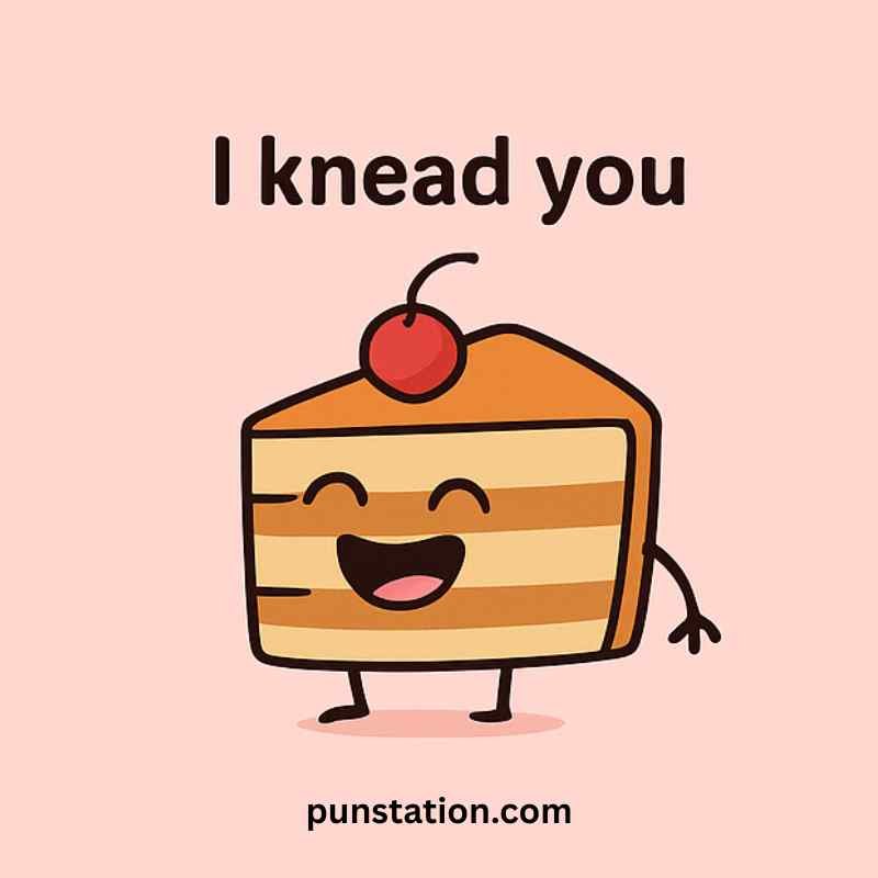 A cake piece cartoon is standing and laughing with funny text