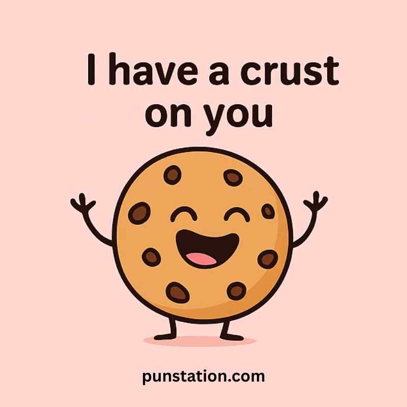 A cookie cartoon is standing and laughing with short text