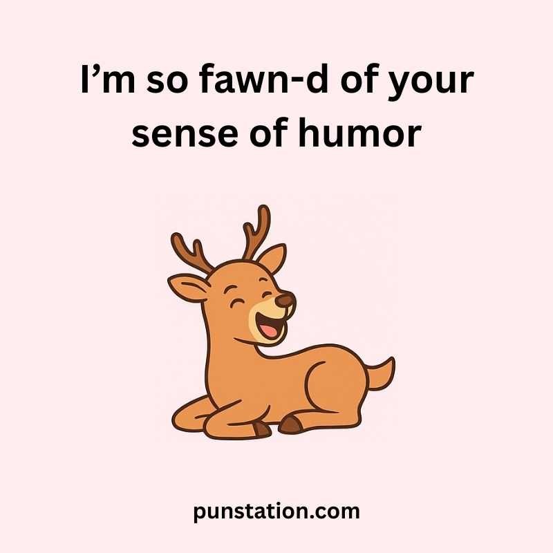 A cartoon of doe is sitting and laughing in light pink background under one liner pun