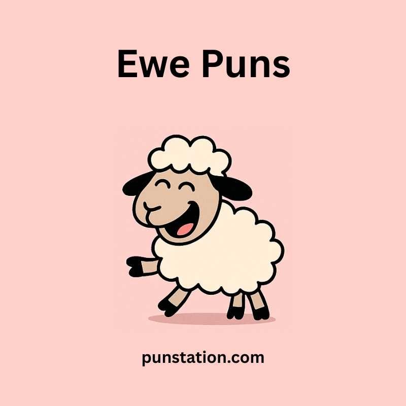 Funny ewe cartoon is walking in light pink backgroud under text ewe puns