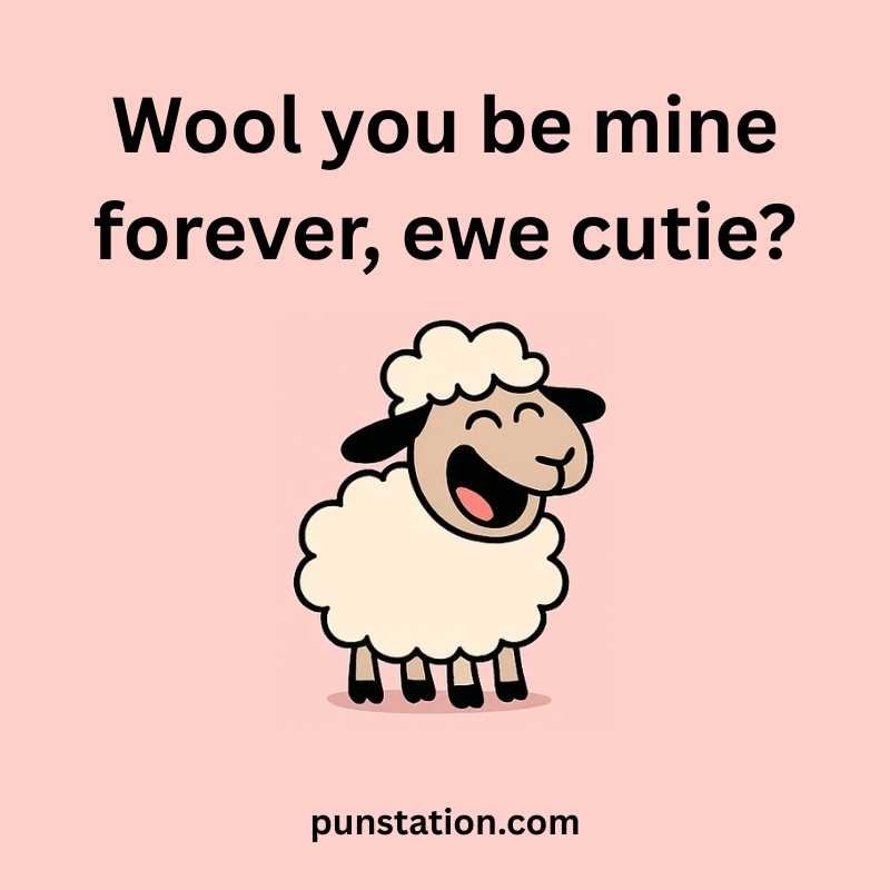 Funny ewe cartoon is standing in light pink backgroud with funny pun text