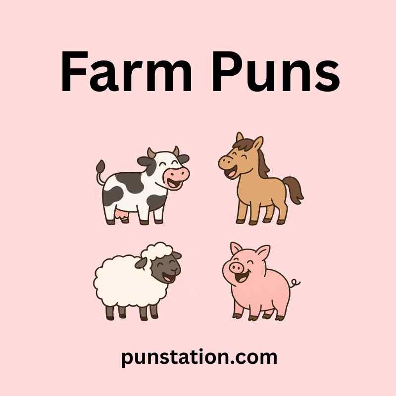 A cartoon of cow, horse, sheep and pig are laughing under text farm puns