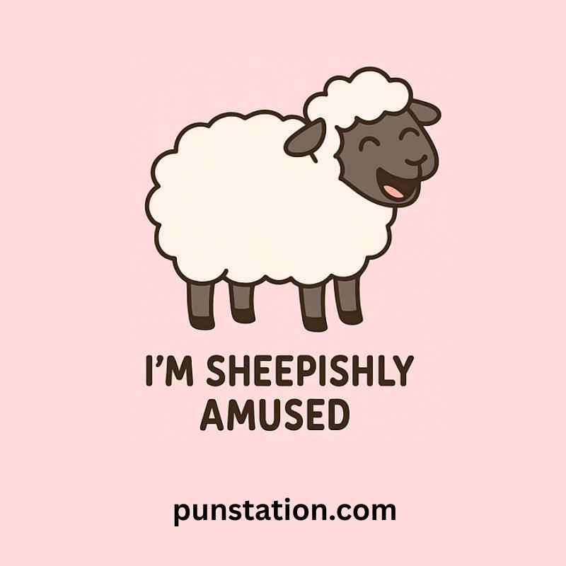 Funny Sheep Cartoon Is Standing And Laughing With Short Pun Text