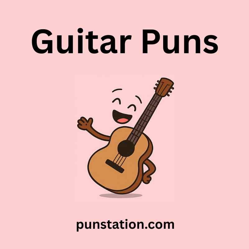 A funny cartoon of guitar is laughing under text guitar puns