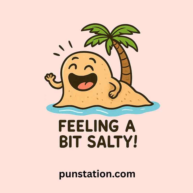 A cartoon of hawaii beach is laughing with short pun text