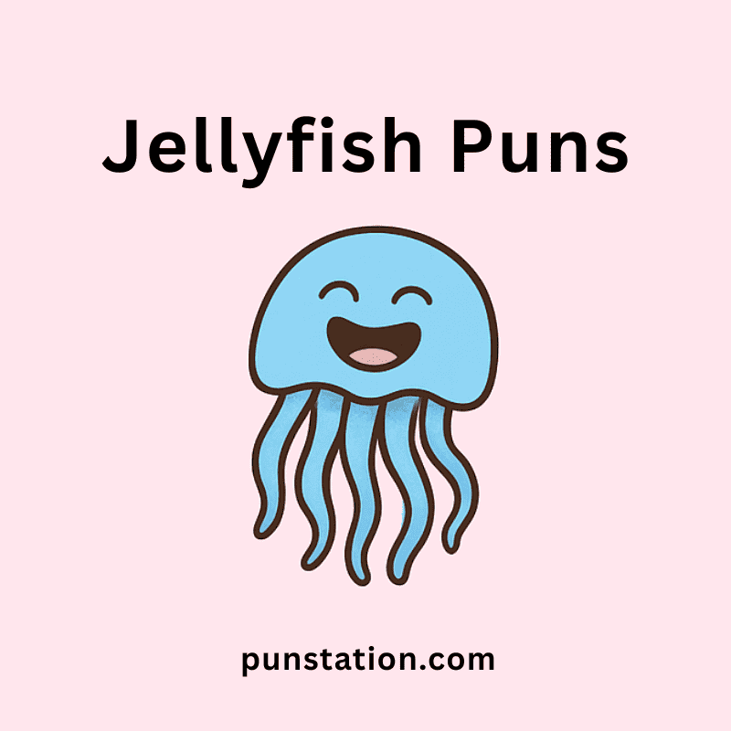 A cartoon of jellyfish cartoon is laughing under text jellyfish puns