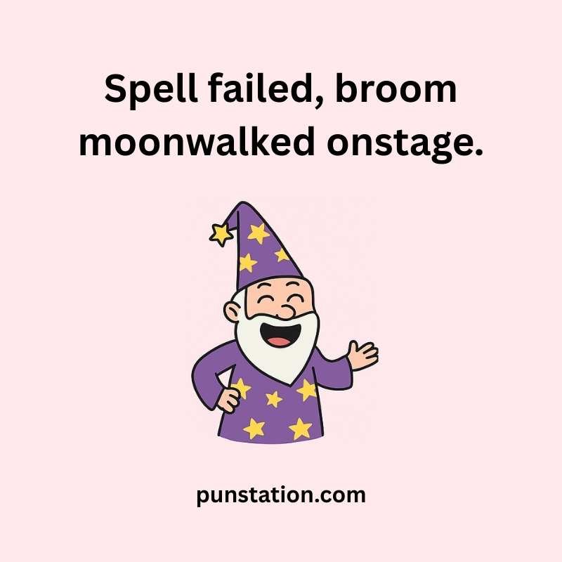 funny magician laughing with funny pun text