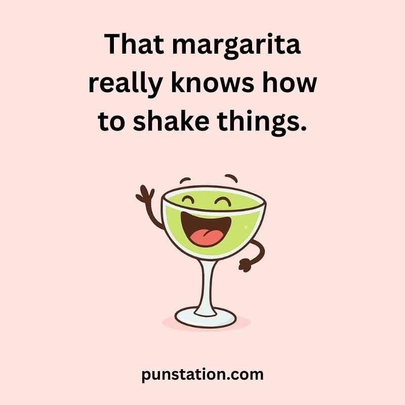 A galss of margarita cartoon laughing with funny pun in empty light pink background
