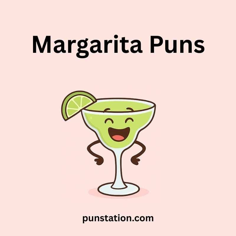 A cratoon of margarita laughing under text Margarita Puns in light pink background
