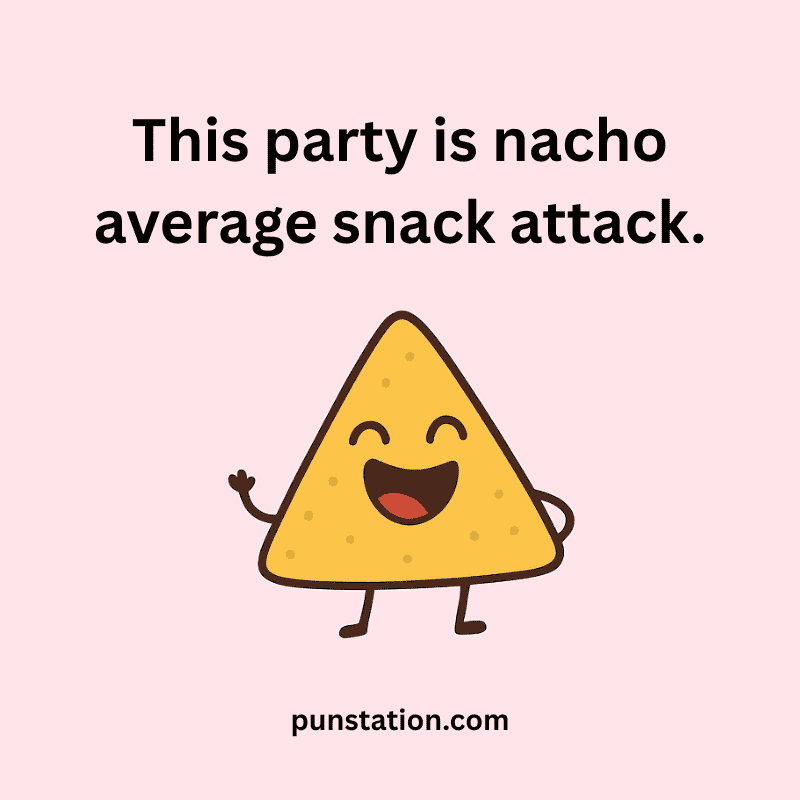 Nacho cartoon is dancing and laughing with one liner pun