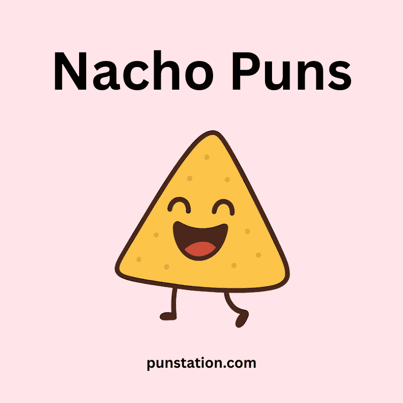 A cartoon of nacho is laughing in light pink background under text nacho puns
