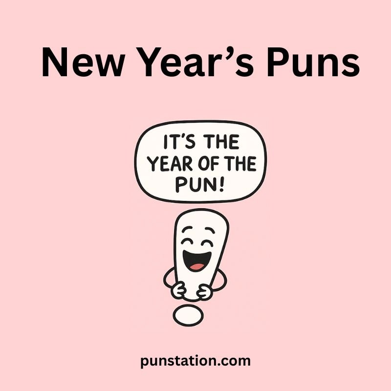An exclamatory sign cartoon is laughing with funny comment under text New Year's Puns