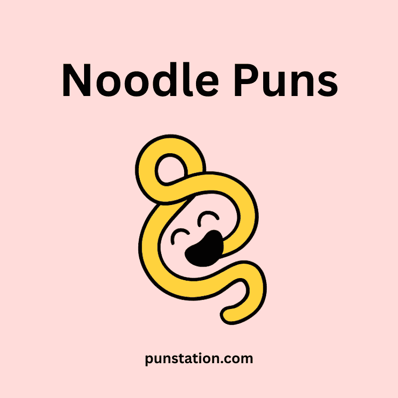 A funny cartoon of noodle under text noodle puns in light pink background