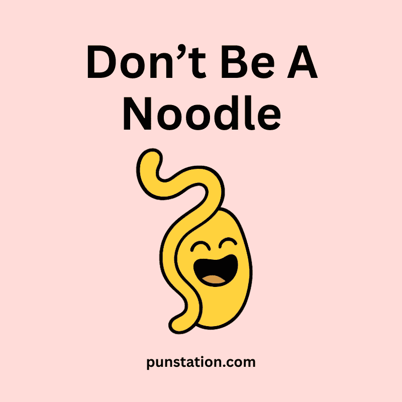 Funny noodle cartoon is laughing under short pun