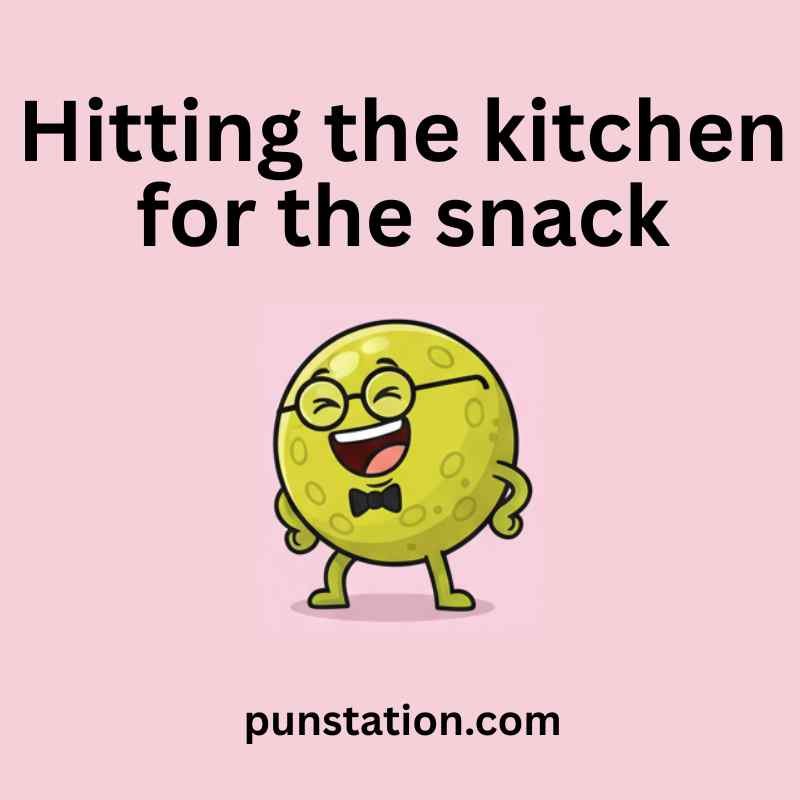A cartoon f pickleball is standing and laughing with funny pun text