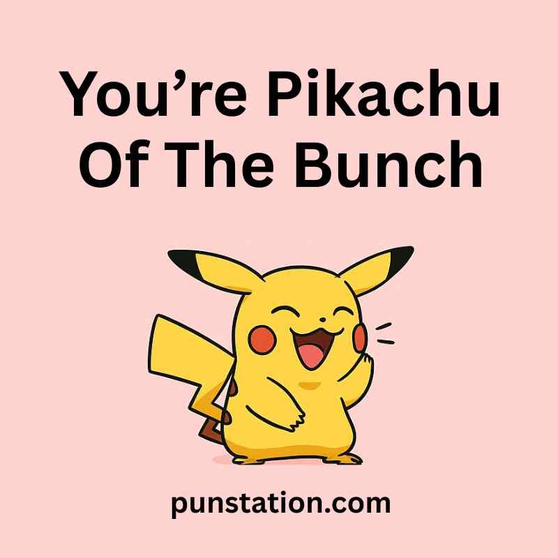 Pokenon cartoon is laughing with funny pun text