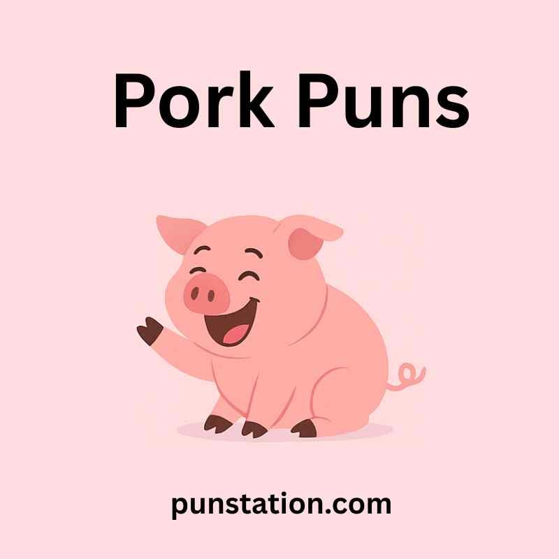 funny pig is laughing under text pork puns in light pink background