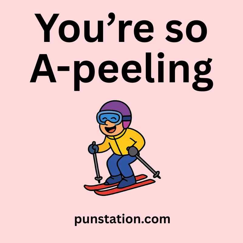 A cartoon of man skiing with short pun text