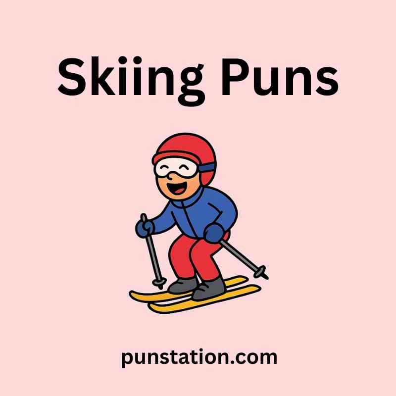 A man cartoon is skiing under text skiing puns