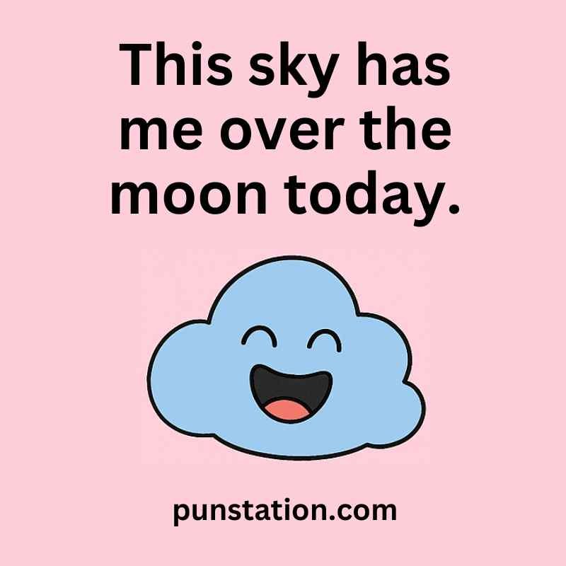 Blue sky cartoon is laughing with one liner pun