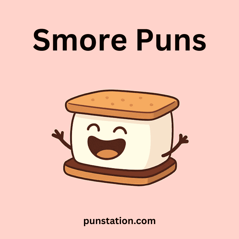Smore cartoon is laughing with open hands under text Smore Puns