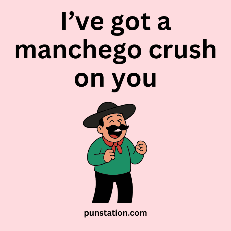Funny Spanish man cartoon in green shirt is laughing in light pink background with funny pun
