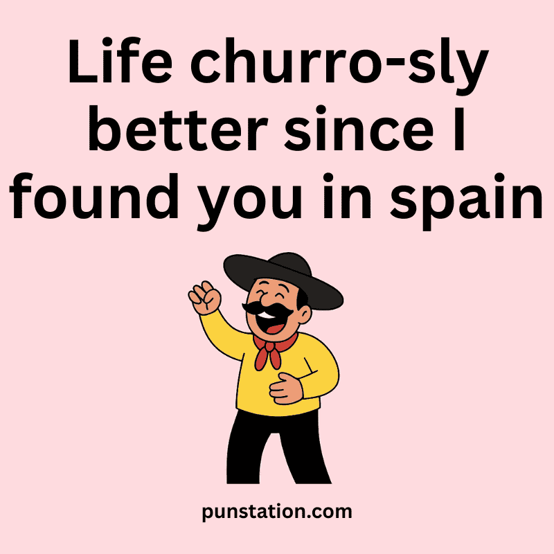 Funny Spanish man cartoon is laughing in light pink background with one liner pun