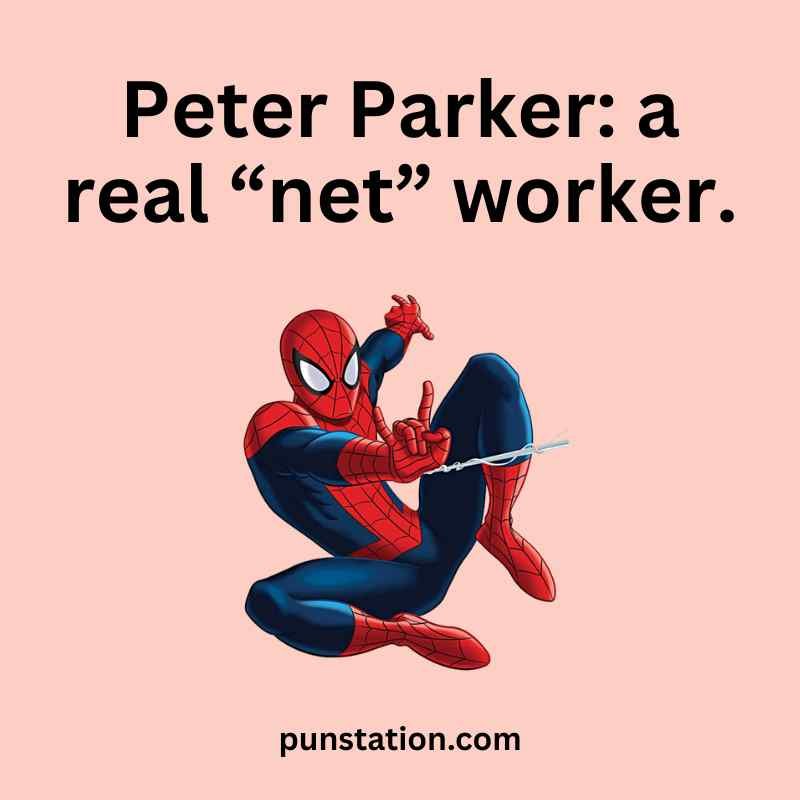 A cartoon of spiderman with short pun in light pink background
