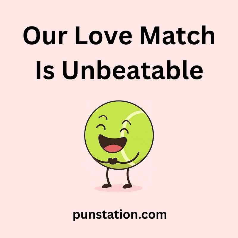 Funny tennis ball cartoon is laughing under pun text