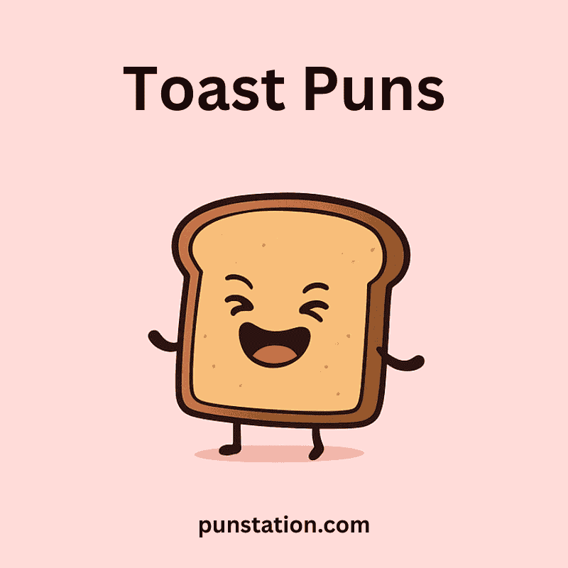 Toast cartoon is laughing under text toast puns in light pink background