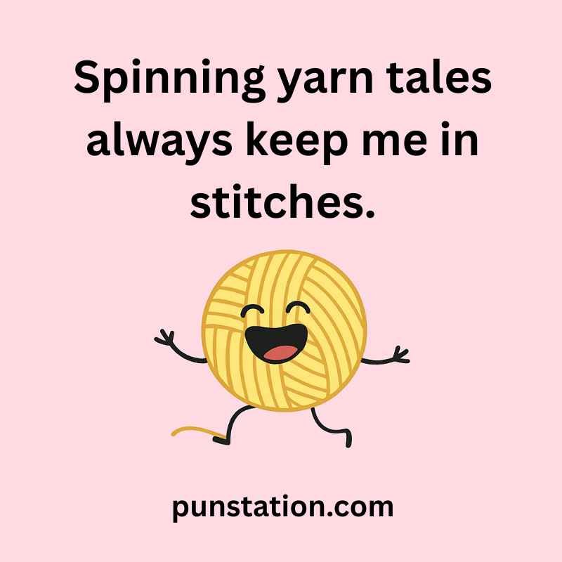 A cartoon of yellow yarn is standing and laughing with open hand under one liner pun