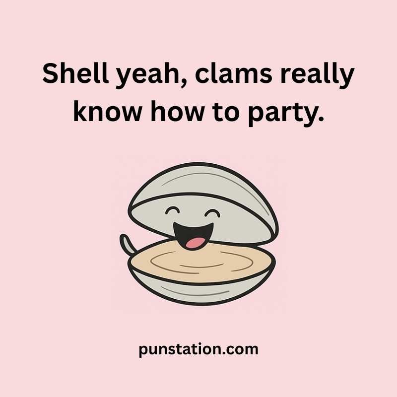 funny clam cartoon is laughing with one liner pun