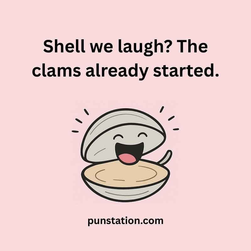 a cartoon of clam laughing with short funny pun