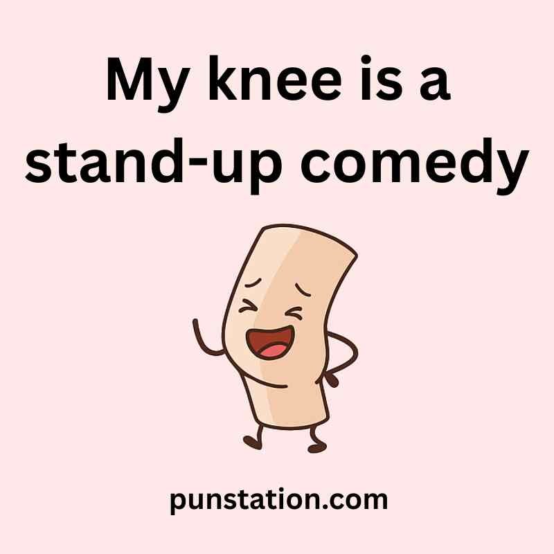 A cartoon of knee is standing and laughing with short pun text