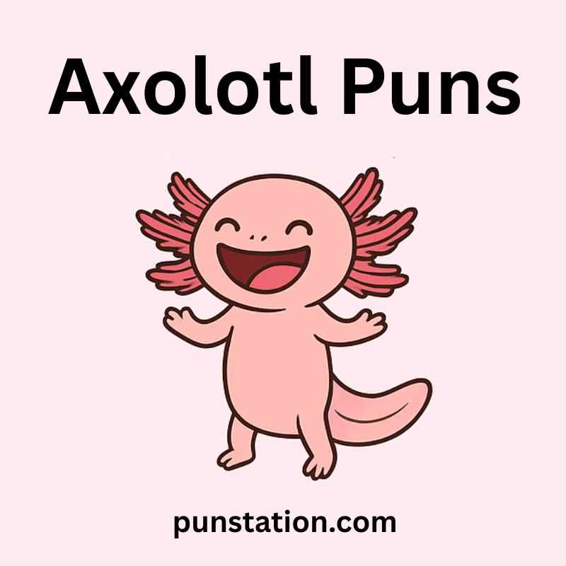 Axolotl cartoon is standing and laughing with under text Axolotl Puns