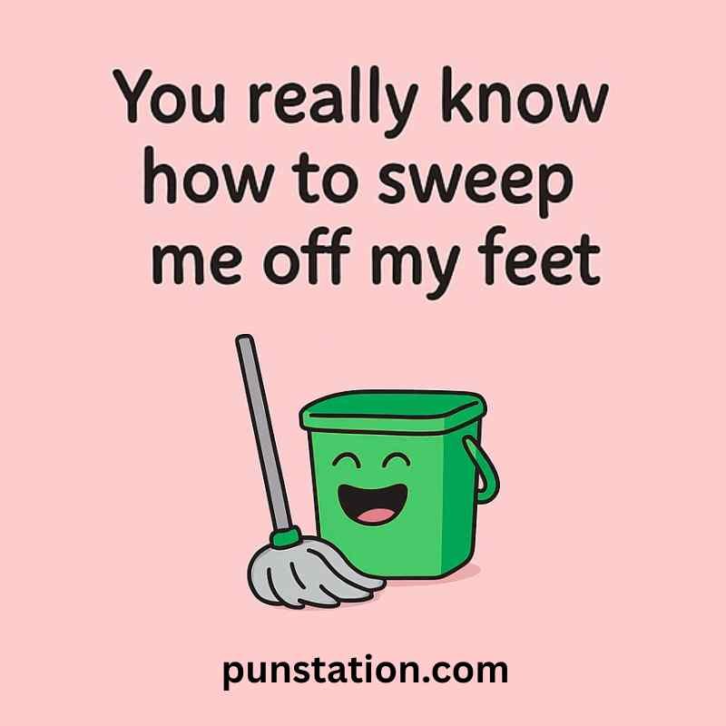 Funny bucket and mop cartoon is laughing with one liner puns