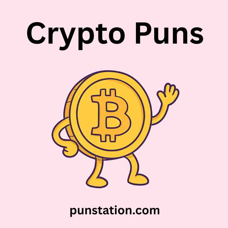 Bitcoin cartoon is laughing under text crypto puns