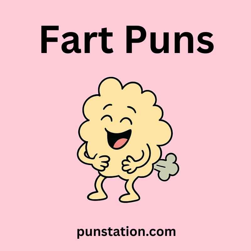A cartoon of fart is standing and laughing under text fart puns