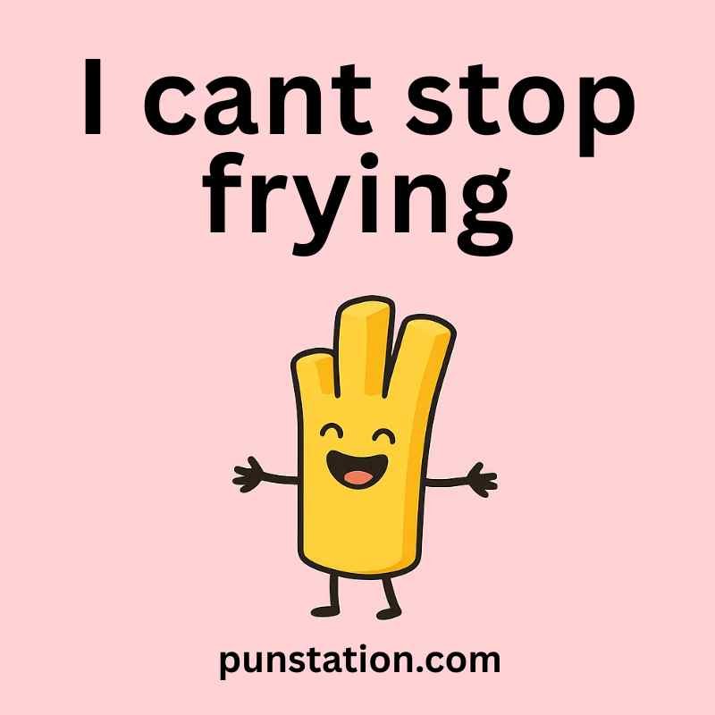 French fry cartoon is standing and laughing with funny pun