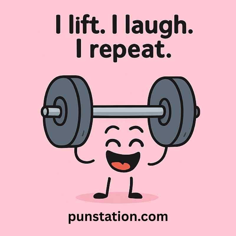 A cartoon power lifter is laughing with funnies gym pun