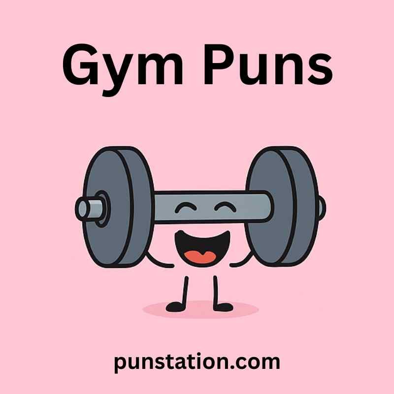 A cartoon is holding weight and laughing under text gym puns