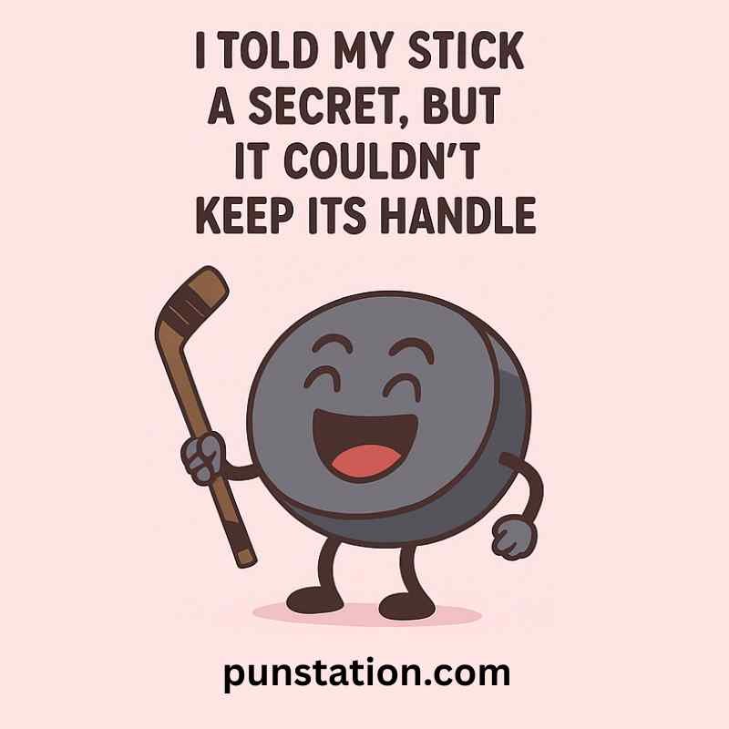 Cartoon of hockey is laughing under short pun text