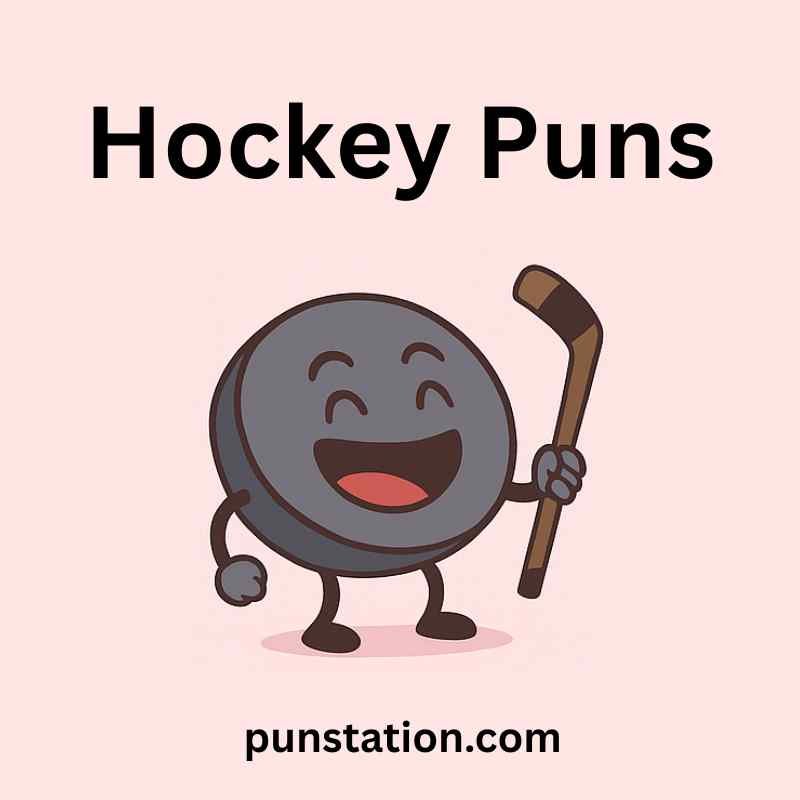 Hockey cartoon is laughing under text short puns
